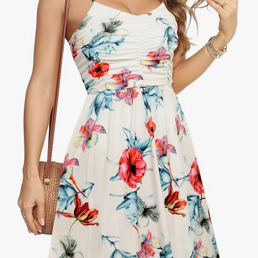 Women’s Spaghetti Strap Ruched Top Dresses Casual Sundress Floral White